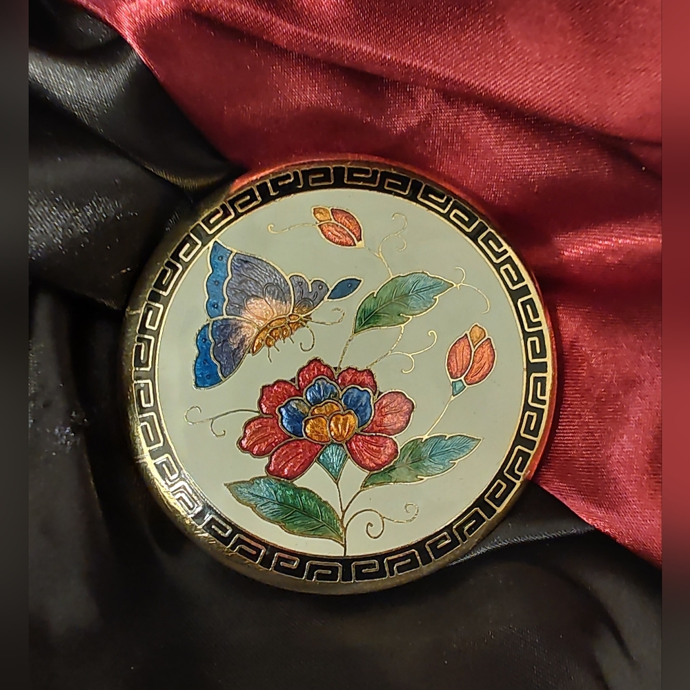 Cloisonne Round Goldtone Compact Mirror With Butterfly & Flower